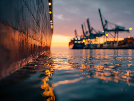 A tranquil harbor scene at dusk, featuring a massive vessel's hull shimmering with golden hues, gentle waves, and distant cranes illuminated by the fading sun.の写真素材
