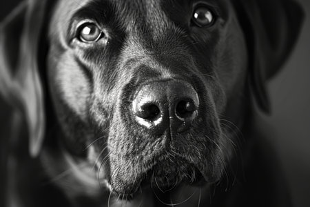 Detailed portrait of a beautiful black labrador with expressive features on canvasの写真素材