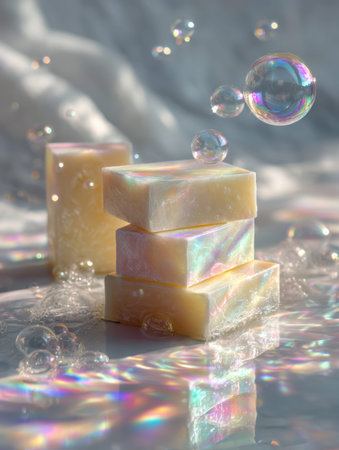 Elegant soap blocks with a luminous, rainbow sheen are arranged in a neat tower, amidst delicate...