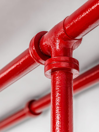 Vibrant crimson cylindrical conduits with polished surfaces intersect at precise angles, forming a...