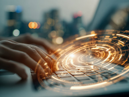 A focused individual works intently on a laptop amidst a sleek cityscape, with a luminous digital...