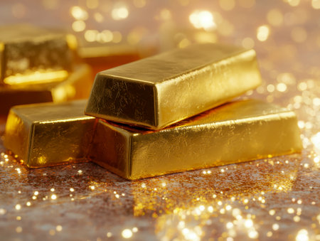 Lustrous gold ingots elegantly layered on a reflective sheen, illuminated by gentle, warm glows that evoke an ambiance of opulence and financial strength.の写真素材