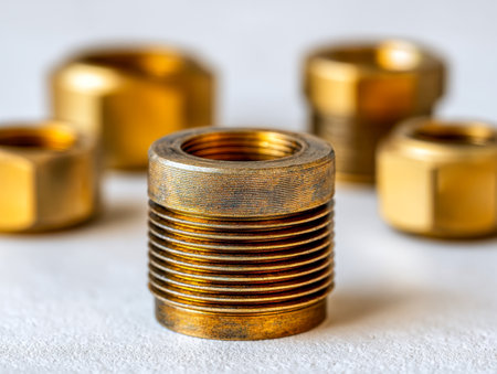 Precision-machined metal connectors arranged on a clean white surface, with sharp focus on the central piece, highlighting craftsmanship and industrial versatility.の写真素材