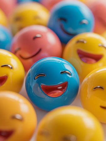 A bright, cheerful blue smiley ball takes center stage amidst vibrant yellow and orange spheres, creating an energetic scene full of joy and positive energy.の写真素材