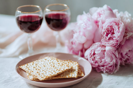 Elegant scene with antique wine glasses filled with ruby-red wine, accompanied by crunchy crackers and a delicate pink peony bouquet on crisp white linen.の写真素材
