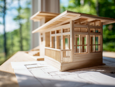 A finely crafted wooden replica of a contemporary residence rests atop detailed blueprints, illuminated by vibrant sunlight, with lush greenery and windowed views softlyの写真素材