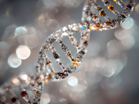 A radiant, stylized depiction of a double helix, dazzling with reflective shimmer that embodies the intricacies of genetic structures and molecular science against a lumiの写真素材