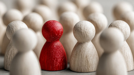 A vibrant crimson figure asserts itself among a sea of muted peers, embodying confidence and distinctiveness in a collective environment.の写真素材