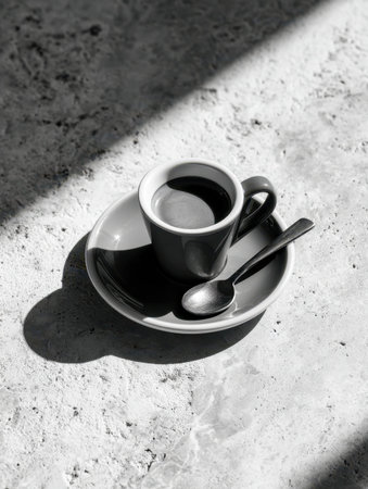 A solitary espresso glass rests on a smooth saucer, its shadow forming sharp patterns on a light stone tabletop illuminated by gentle sunlight.の写真素材