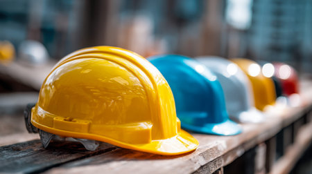 A colorful assortment of protective headgear resting on weathered wood, set against a softly blurred...