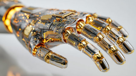 A sleek, high-tech robotic limb featuring ornate gold and silver elements, emphasizing complex...
