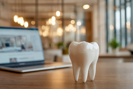 A gleaming dental replica rests on a wooden surface, set against a softly focused laptop and...