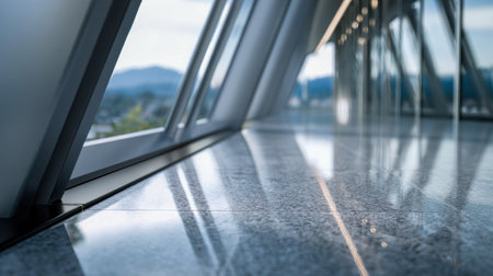 A sleek, contemporary passage featuring shimmering stone flooring and expansive angular glass panels, opening to breathtaking mountain views under bright skies.の写真素材