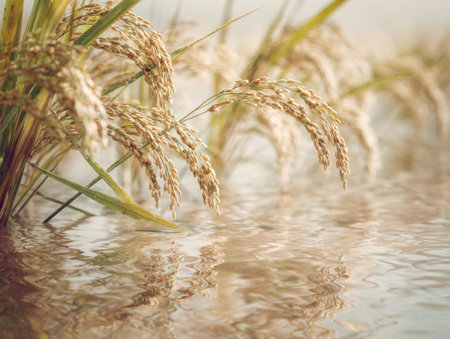 Lush rice stalks sway gently beside still water, bathed in gentle daylight, creating a peaceful scene of abundance and tranquility in a thriving harvest landscape.の写真素材
