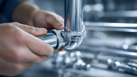 A homeowner carefully secures a polished metallic pipe beneath a sink, demonstrating hands-on...