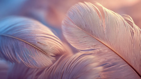 A close-up of fine, blush-colored feathers with graceful contours and detailed barbs, illuminated by...