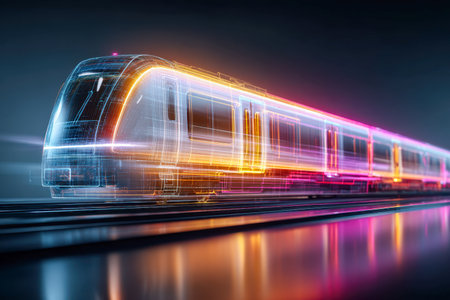 A sleek, luminous train speeding through a dark space illuminated by vibrant neon hues, capturing innovation and rapid movement in future transit design.の写真素材