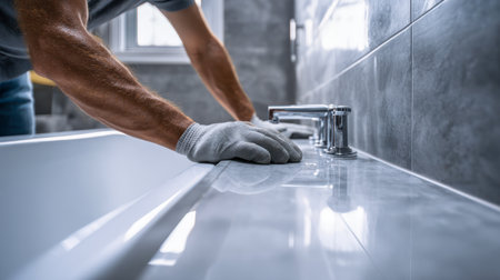 A man in protective gloves meticulously brightens a gleaming marble surface, reflecting a sleek, contemporary bathroom with a stylish sink and elegant silver fixtures.の写真素材