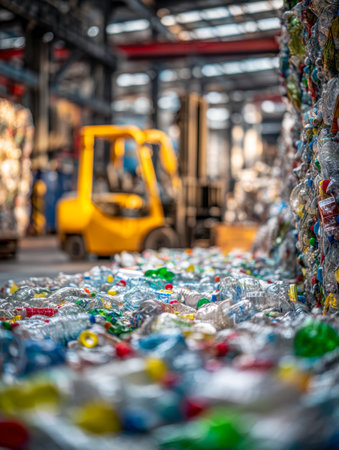 A large pile of flattened plastic bottles ready for processing, with a forklift in the distance symbolizing sustainable waste handling within an eco-conscious facility.の写真素材