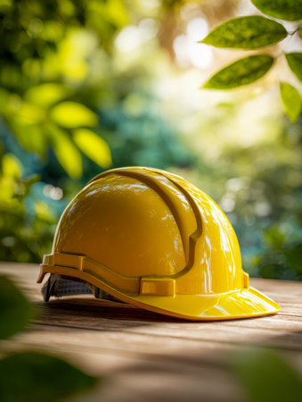 A bright yellow helmet sits atop a rustic wooden table, embraced by vibrant greenery and bathed in gentle sunlight, evoking calm and outdoor tranquility.の写真素材
