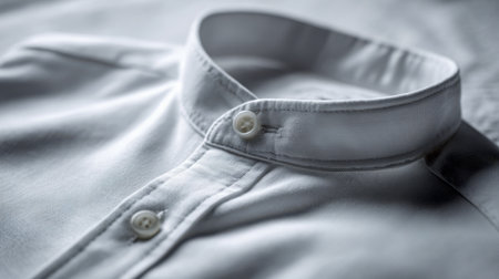 A pristine white shirt with refined stitching, perfectly aligned buttons, and a compact collar, displayed on a sleek surface emphasizing quality craftsmanship.の写真素材