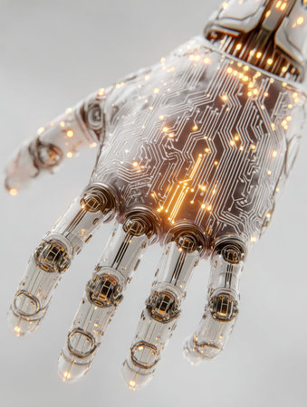 A sleek, clear robotic appendage features glowing circuit motifs, symbolizing cutting-edge innovation and the sophisticated blend of ai and futuristic engineering.の写真素材