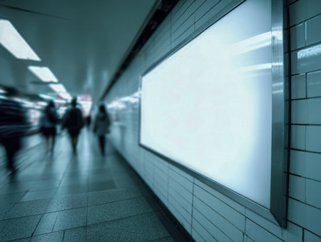 Dynamic silhouettes move through a sleek subway hall, illuminated by a towering, empty digital display on tiled surfaces, embodying a vibrant city vibe.の写真素材