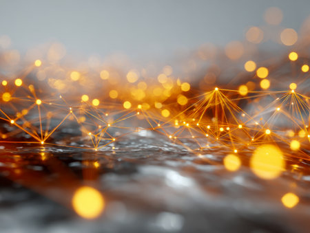 Vibrant golden lines weave intricate links across a subdued metallic backdrop, illuminated by gentle bokeh glimmers that evoke a sense of advanced digital connectivity.の写真素材