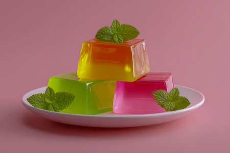Bright, jewel-toned gelatins nestled on a pristine white dish, garnished with lively mint sprigs, set against a gentle pastel pink for a revitalizing treat display.の写真素材