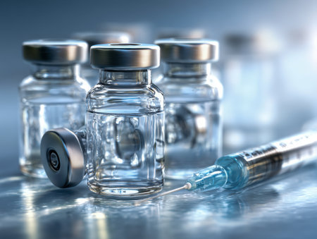 A collection of transparent vials with metallic tops alongside a precision syringe arranged on a glossy surface, capturing the essence of medical preparedness and healthの写真素材