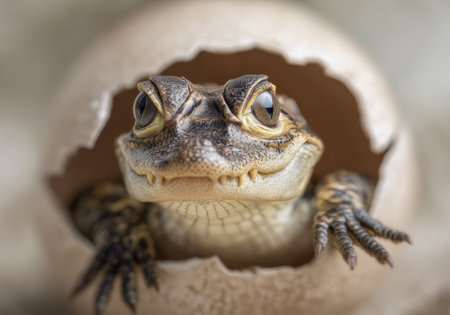 A tiny reptile's first breath emerges through fractured shell fragments, its shimmering scales and wide eyes capturing the essence of nascent vitality and renewal inの写真素材