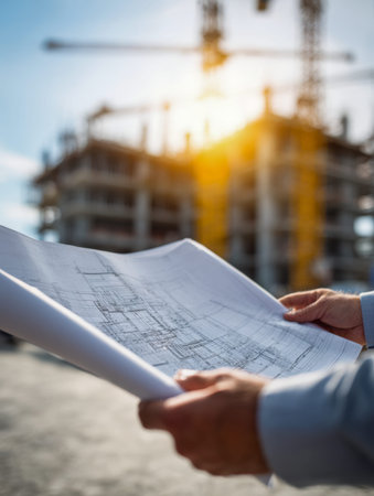 A person clutching detailed blueprints against a vibrant sunset, with towering cranes and active...