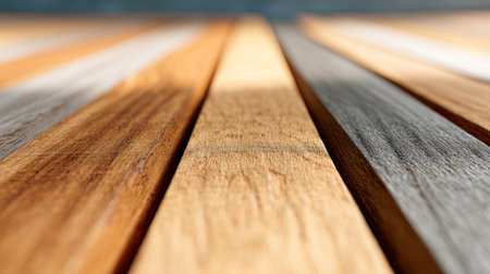 Wooden boards aligned side by side showcase a harmonious blend of warm and cool hues, producing a cozy, tactile surface gently illuminated for a welcoming ambiance.の写真素材
