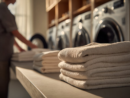 In a luminous laundry space, a tidy pile of beige linens rests on a sleek surface, with appliances and a busy individual illuminated by gentle sunlight.の写真素材