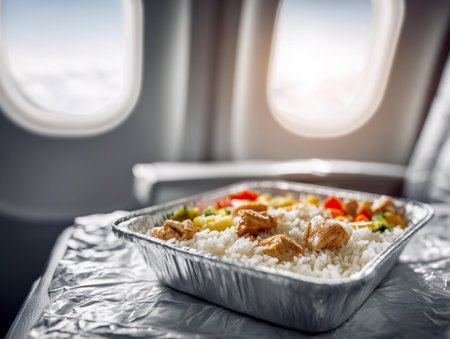 A comforting in-flight meal featuring fluffy rice, tender chicken pieces, and colorful vegetables, presented on a tray by twin windows with gentle daylight streamingの写真素材
