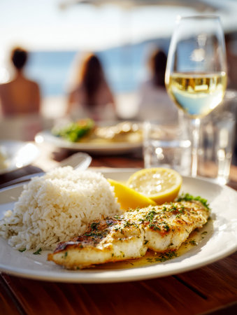 A perfectly grilled fish dish topped with fresh herbs, accompanied by fluffy white rice and a citrus...