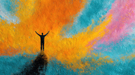 An inspiring figure with outstretched arms stands boldly, casting a shadow amid a dynamic swirl of vivid orange, blue, yellow, and pink hues blending in textured splの写真素材