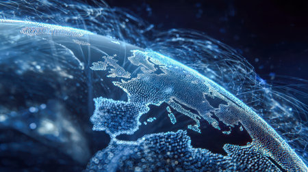 A luminous digital map highlighting Europe's regions, interconnected by vibrant network lines and...