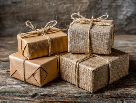 Handcrafted gifts featuring earthy materials, elegantly bundled with twine and natural fabrics, styled on vintage wood to highlight sustainable wrapping ideas.の写真素材
