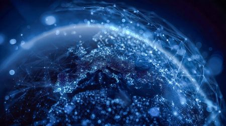 A sleek digital representation of Earth highlighting Europe and neighboring regions, interconnected...