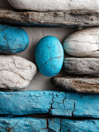 An artistic display of polished blue and white stones set against a rugged, cracked surface, evoking a harmonious blend of natural textures and vibrant color contrasts.の写真素材