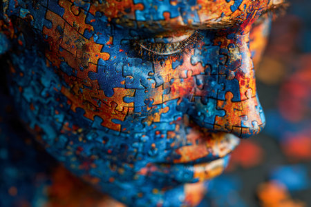 A vibrant mosaic of interconnected hues forms a human visage, illustrating intricate mental landscapes, personal identity, and the layered nature of inner struggles.の写真素材