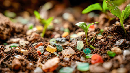 Tender sprouts emerge from soil sprinkled with vibrant microplastics, illustrating resilience amid pollution and the delicate balance of nature's recovery efforts.の写真素材