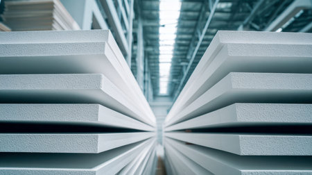 Bright overhead illumination highlights orderly stacks of sizable white foam sheets, filling a sleek industrial space with a sense of organized efficiency.の写真素材