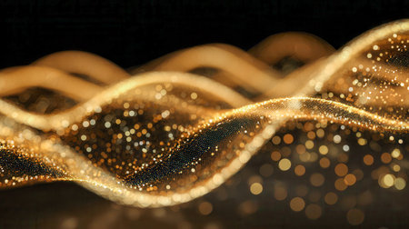 Silken golden currents ripple across a dark canvas, their shimmering particles forging a vibrant, fluid motion ideal for contemporary digital themes.の写真素材