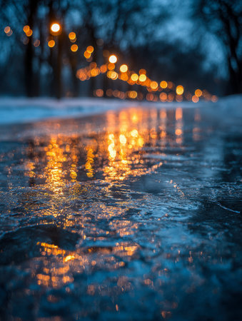 Soft amber illumination flickers on glittering ice along a quiet trail, framed by leafless trees,...