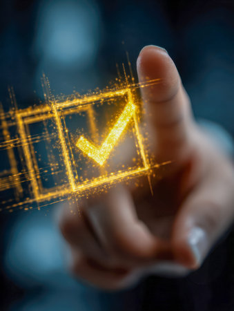 A fingertip active on a luminous golden symbol of validation, set against a sleek, high-tech digital backdrop with vibrant, blurred environment cues.の写真素材