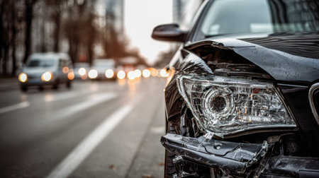 A sleek black vehicle shows signs of a recent collision, with a shattered headlight and dented bumper, set against a bustling cityscape bathed in gentle dusk glow.の写真素材