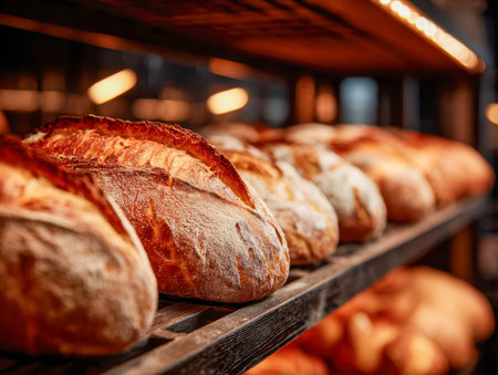 Warm, golden-brown loaves with crisp crusts rest neatly on wooden shelves, dusted with flour,...
