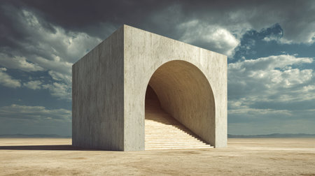 A colossal geometric fortress rises from a desolate wasteland, featuring an elegant archway and...